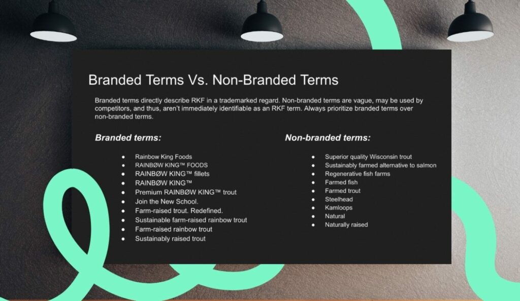 Chart of branded vs non-branded terms from Rainbow King Foods brand