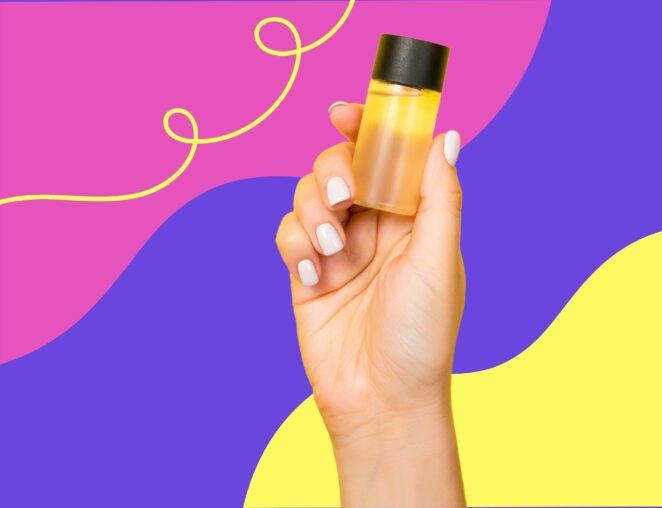 hand holding yellow cosmetic product with colorful background for post about how to write product descriptions