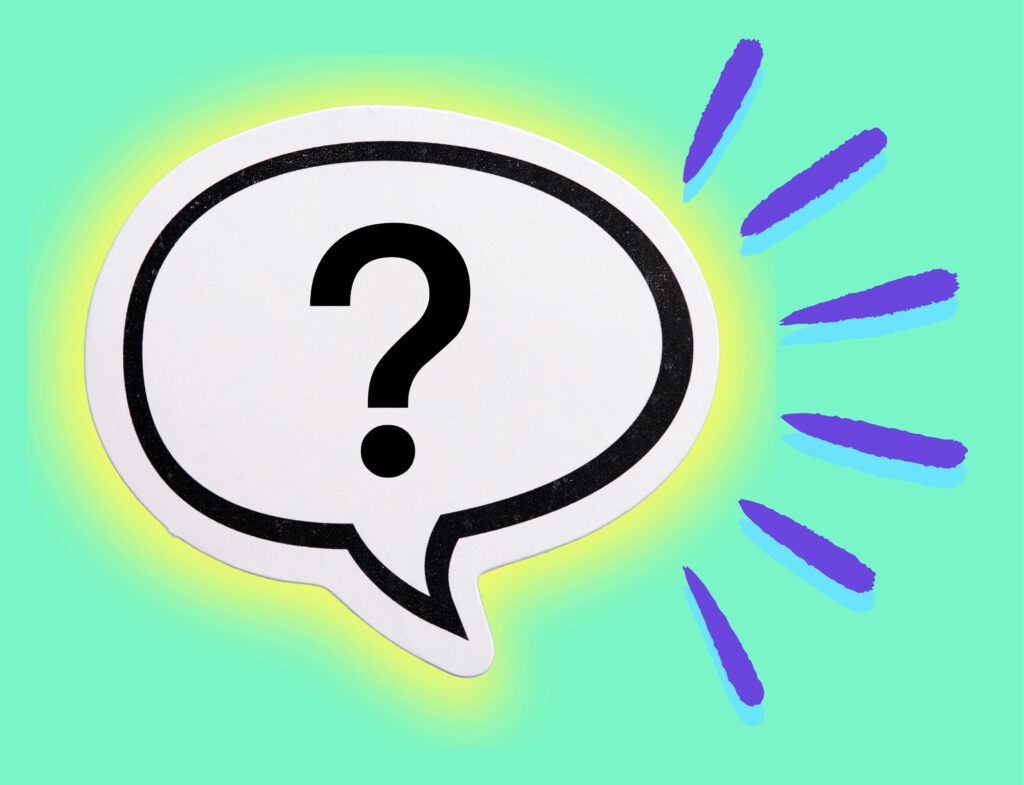 bright graphic with question mark in speech bubble and emphasis marks