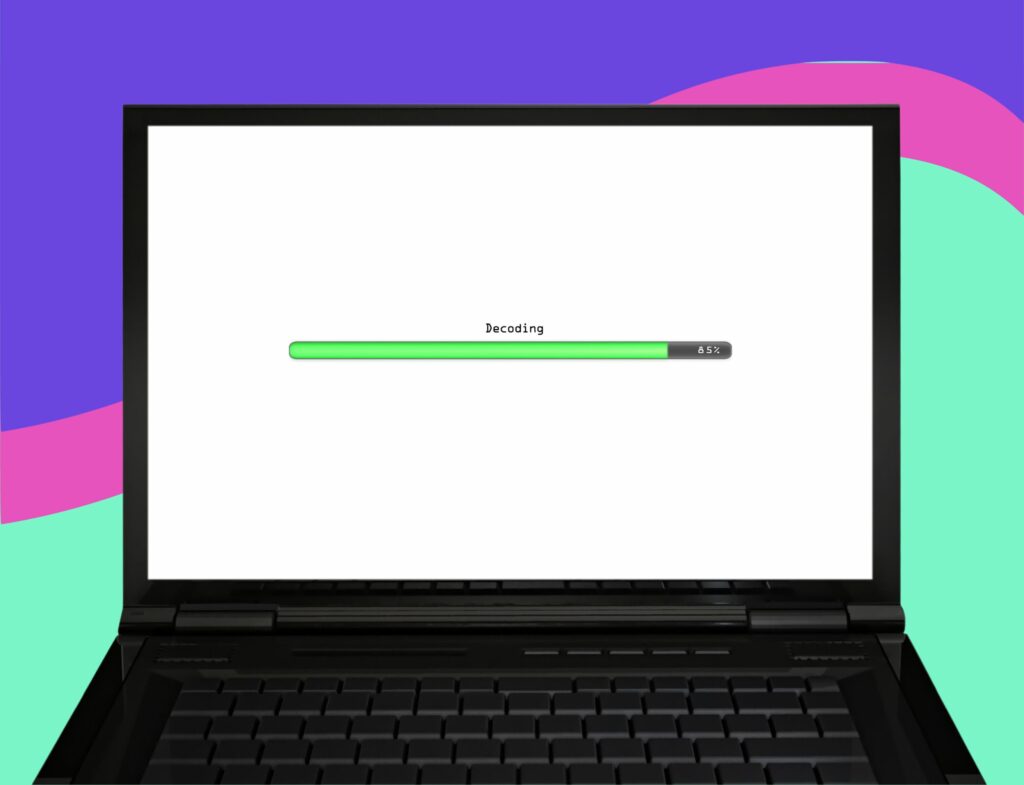 colorful image of open laptop with loading bar under decoding message 