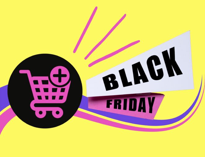 black friday marketing banners beside add to cart icon with emphasis marks and yellow background