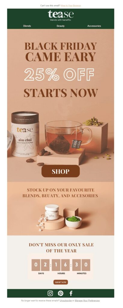 black friday email newsletter from tease tea company