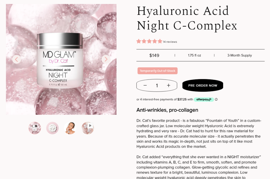 MD GLAM Product Page for Hyaluronic Acid Night C-Complex
