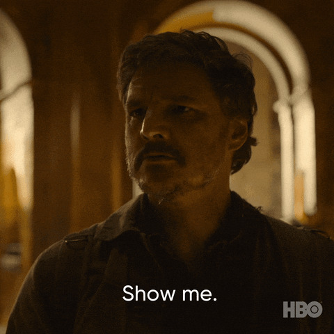 still of Pedro Pascal gif saying “show me”
