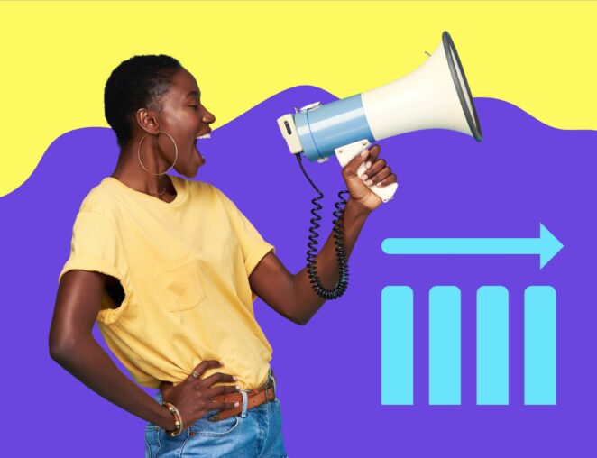 woman yells into megaphone in front of blue and yellow background for post about brand consistency