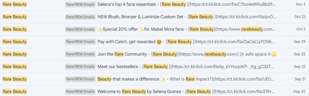 screenshot of Rare Beauty emails in my inbox