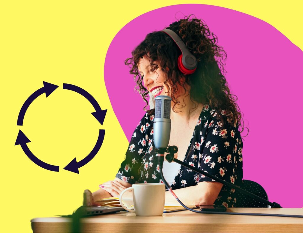 woman with headphones at table speaking into microphone next to symbol for brand consistency