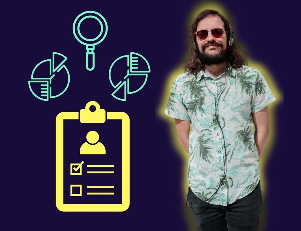 smiling man with headphones and sunglasses next to icons depicting audience persona research