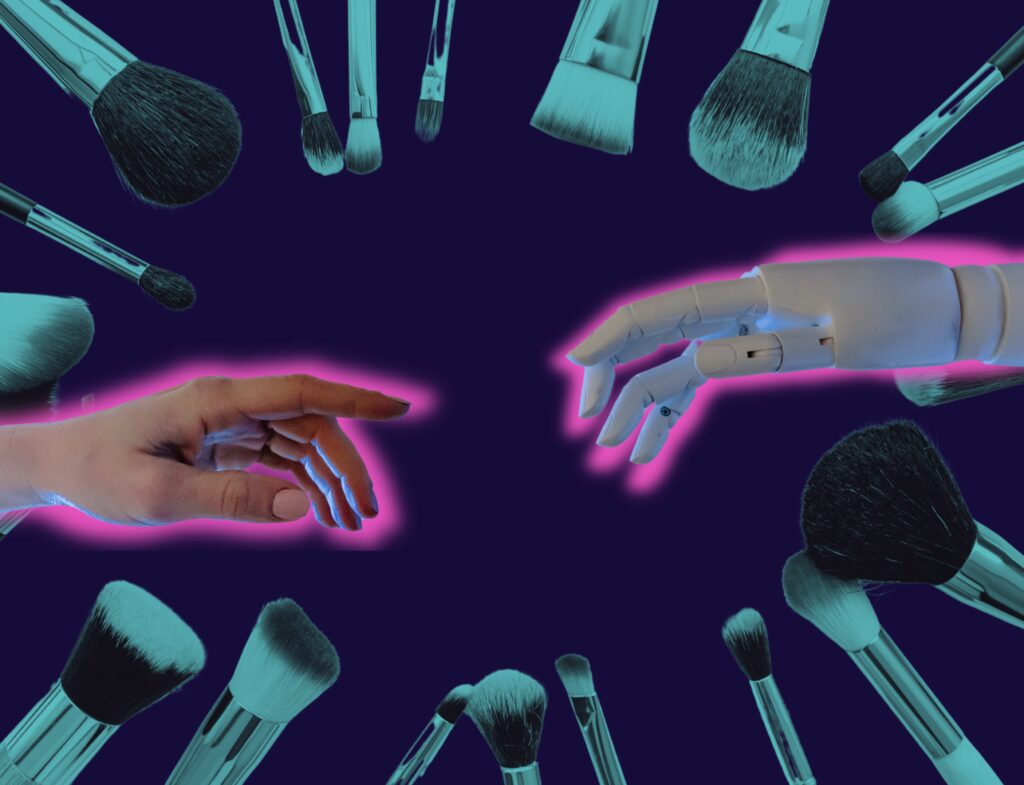 human and AI robot hand reach towards each other surrounded by makeup brushes on navy background