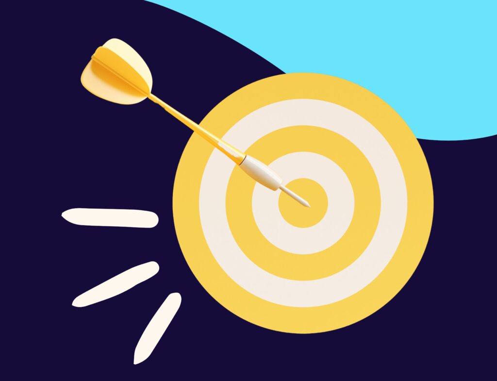 yellow target with arrow in center beside emphasis lines and blue swirl for post about defining intended audience