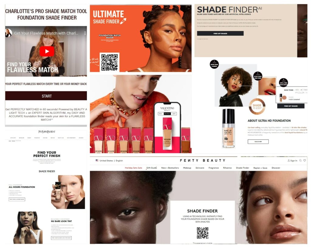 Collage of AI shade finder tools from different beauty brands