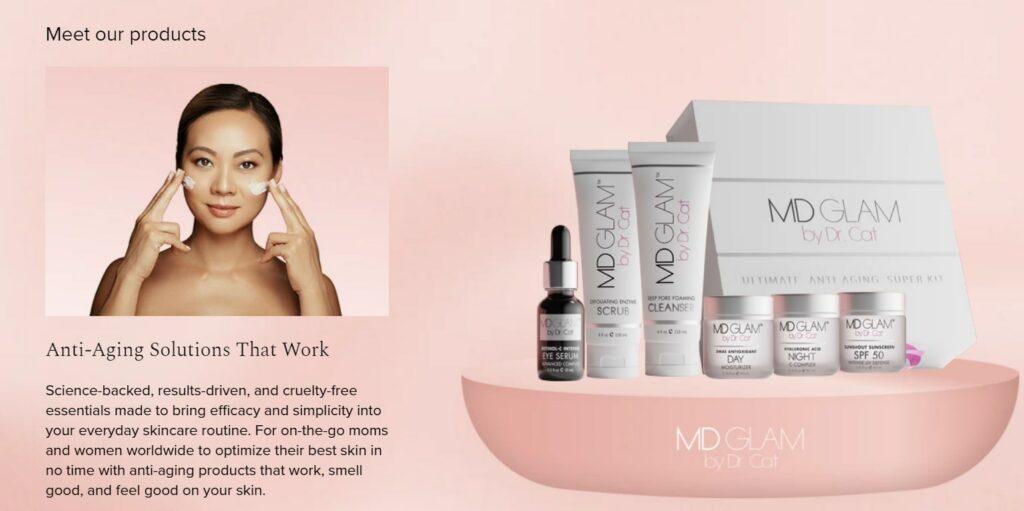 MD Glam meet our products page with anti-aging skincare