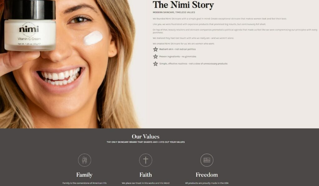 Screenshot of Nimi Skincare’s Our Story page