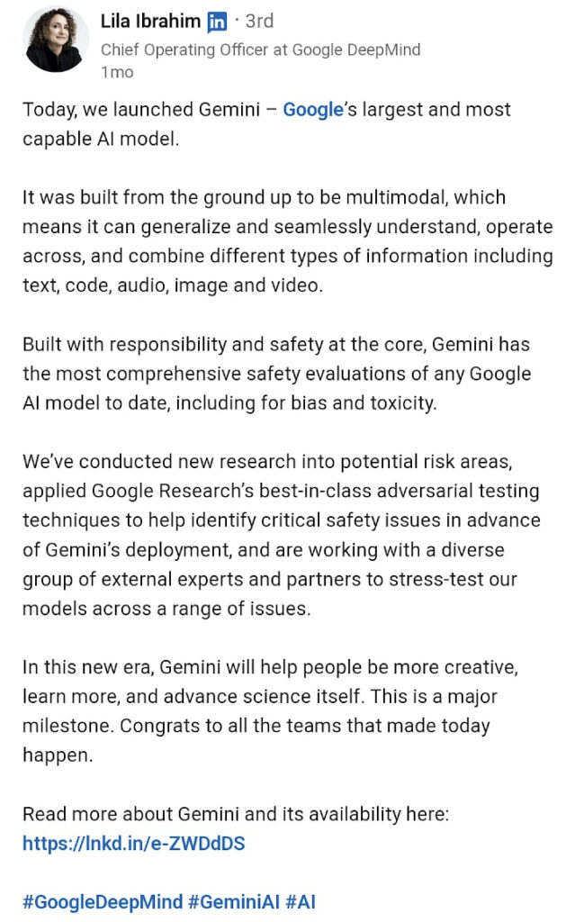 Screenshot of Google's LinkedIn post about Gemini AI tool