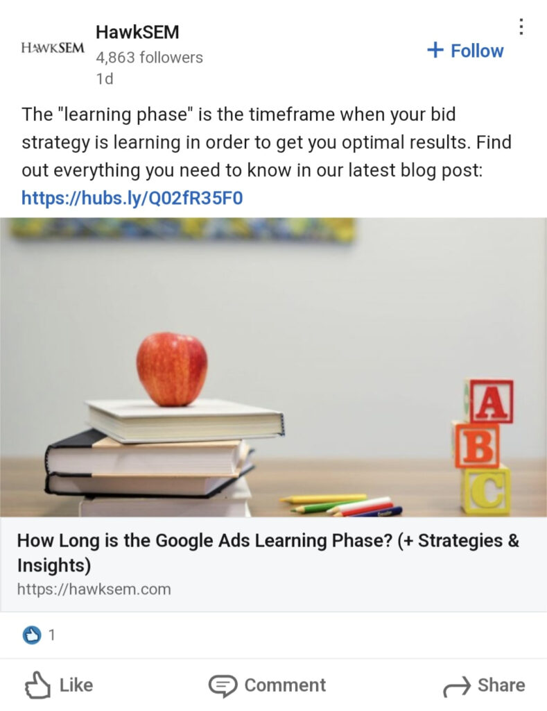 Screenshot of HawkSEM LinkedIn post about Google ads learning phase