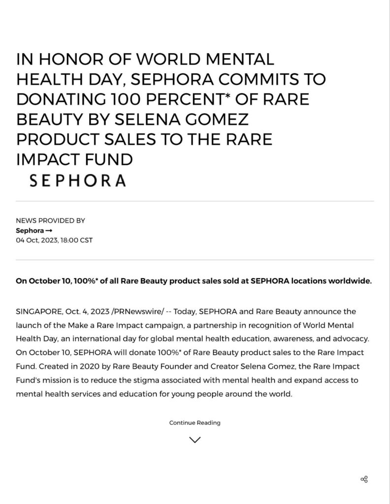Screenshot of Rare Beauty press release announcing commitment to donate 100 percent sales to Rare Impact Fund in honor of World Mental Health Day