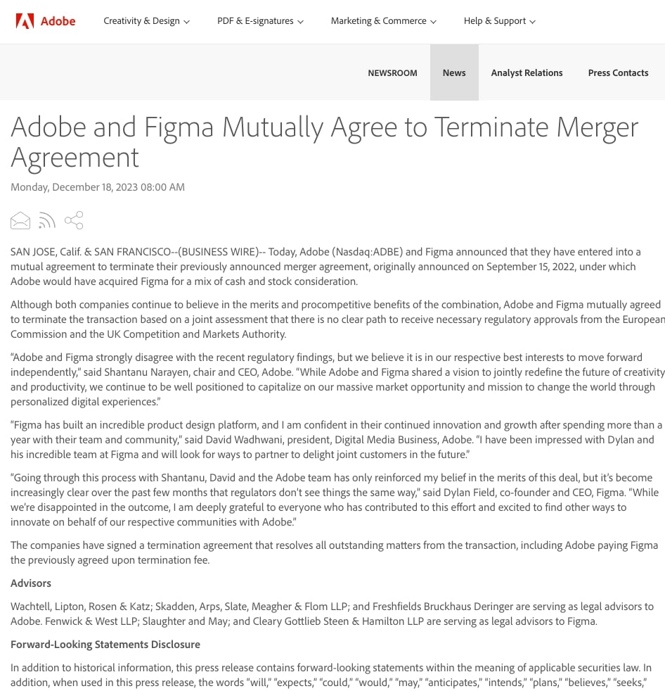 Screenshot of Adobe and Figma press release announcing mutual termination of partnership