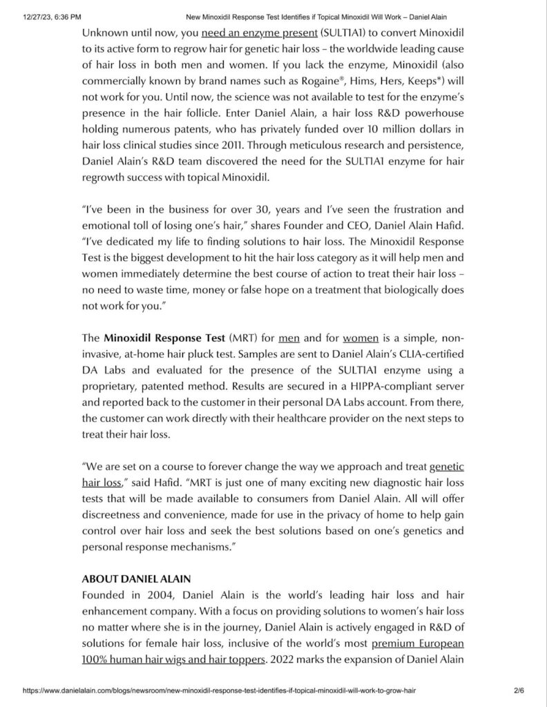 Second screenshot of Daniel Alain press release announcing breakthrough for topical hair loss treatment Minoxidil Response Test