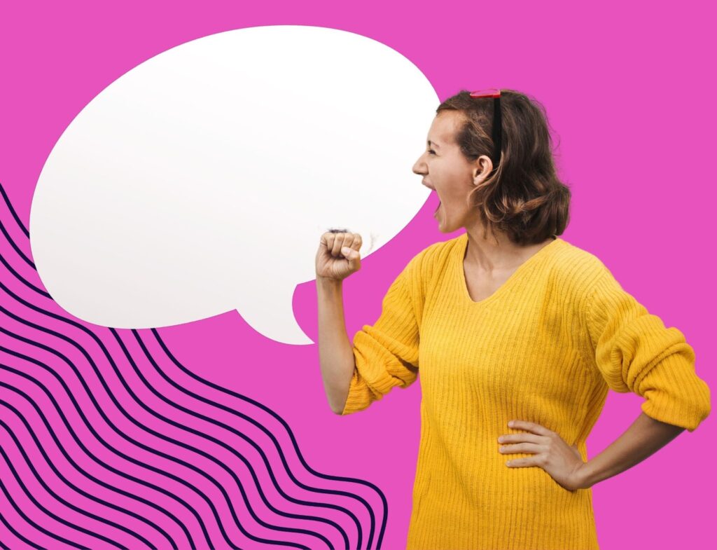 woman yelling with fist clenched in front of speech bubble for post about linkedin strategy tips
