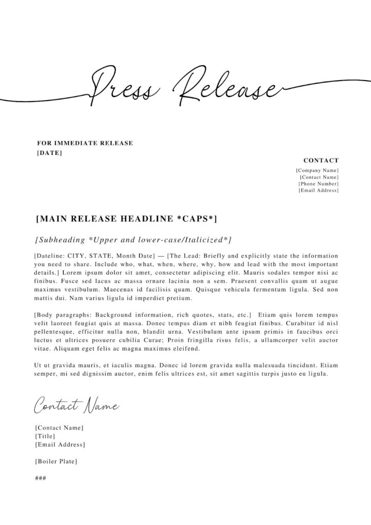 Press Release Template 1 example created in Canva