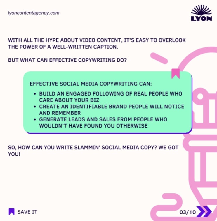 Second screenshot of Lyon Content LinkedIn photo carousel about social media copywriting