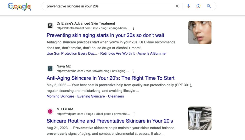 High SEO ranking for MD Glam preventative skincare in your 20s keyword