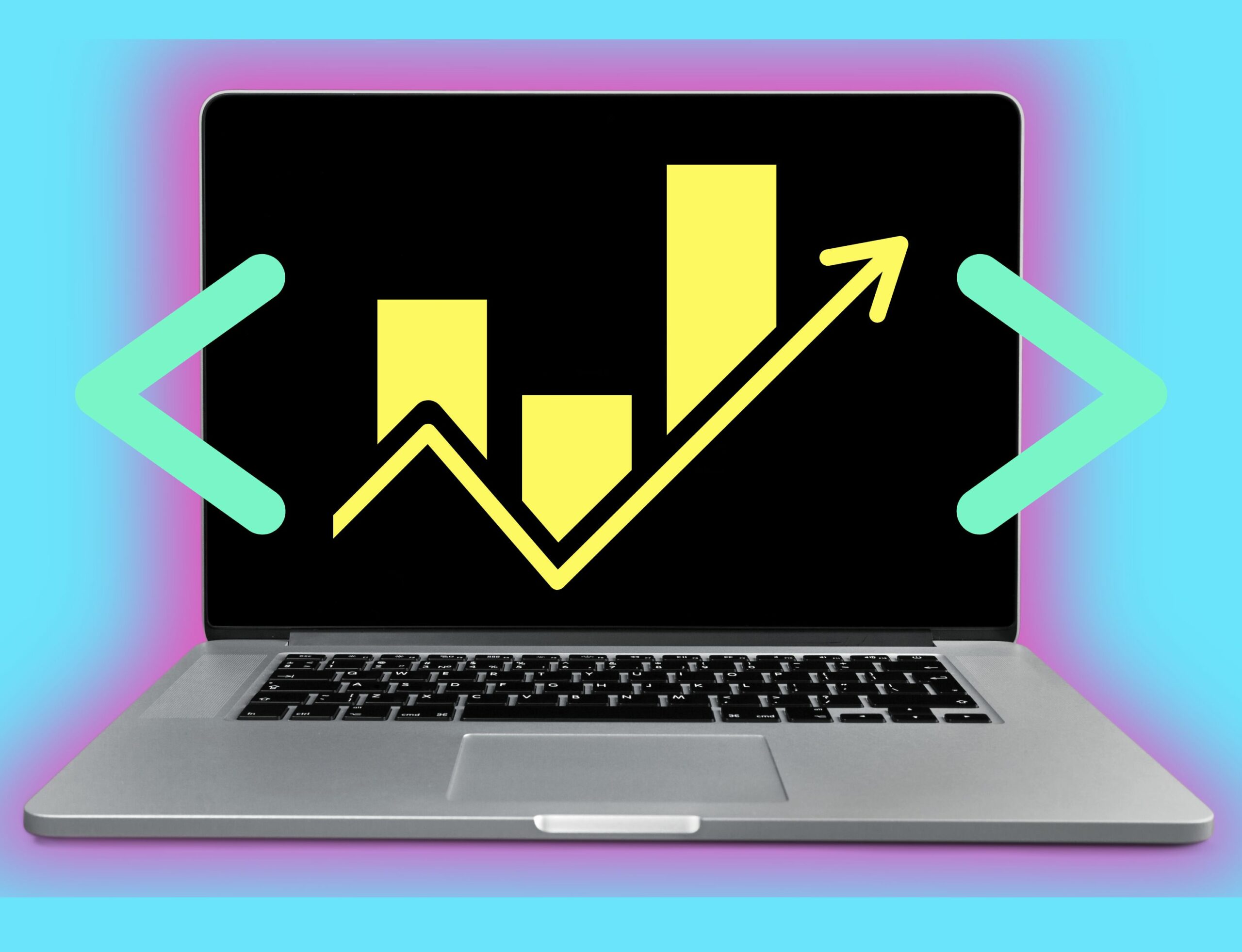 Laptop with operator brackets and yellow graph with arrow pointing up for Lyon Content article about how to write meta titles