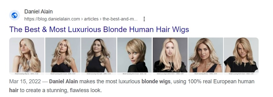 Screenshot of meta title for Daniel Alain article about the best blonde human hair wigs