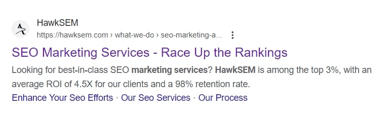 Screenshot of HawkSEM SEO Services meta title tag