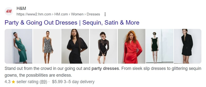 Screenshot of H&M party dresses product meta title