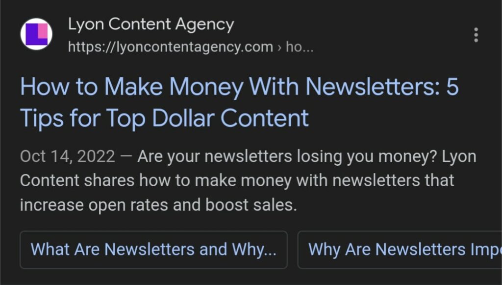 Screenshot of Lyon Content meta title for How to Make Money with Newsletters blog post