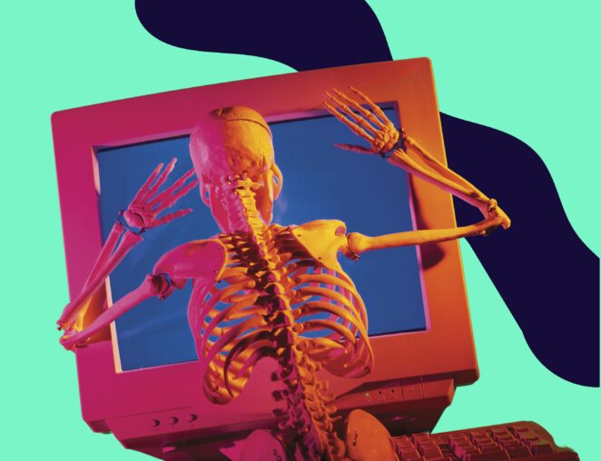 Skeleton staring into empty computer screen for post answering is blogging dead in 2024
