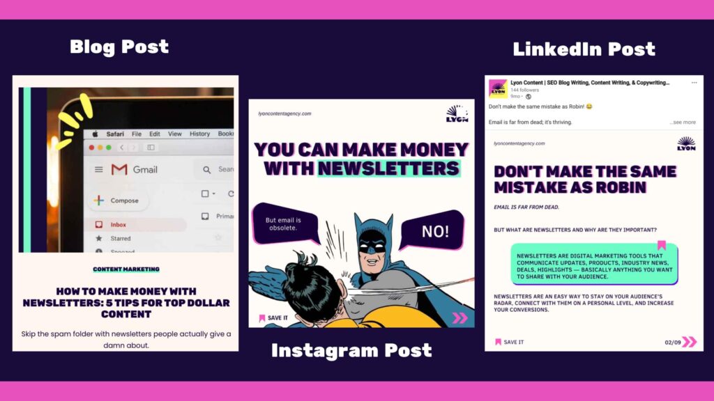 Infographic comparing repurposed posts Lyon Content posts about making money with newsletters from LinkedIn, Instagram, and blog
