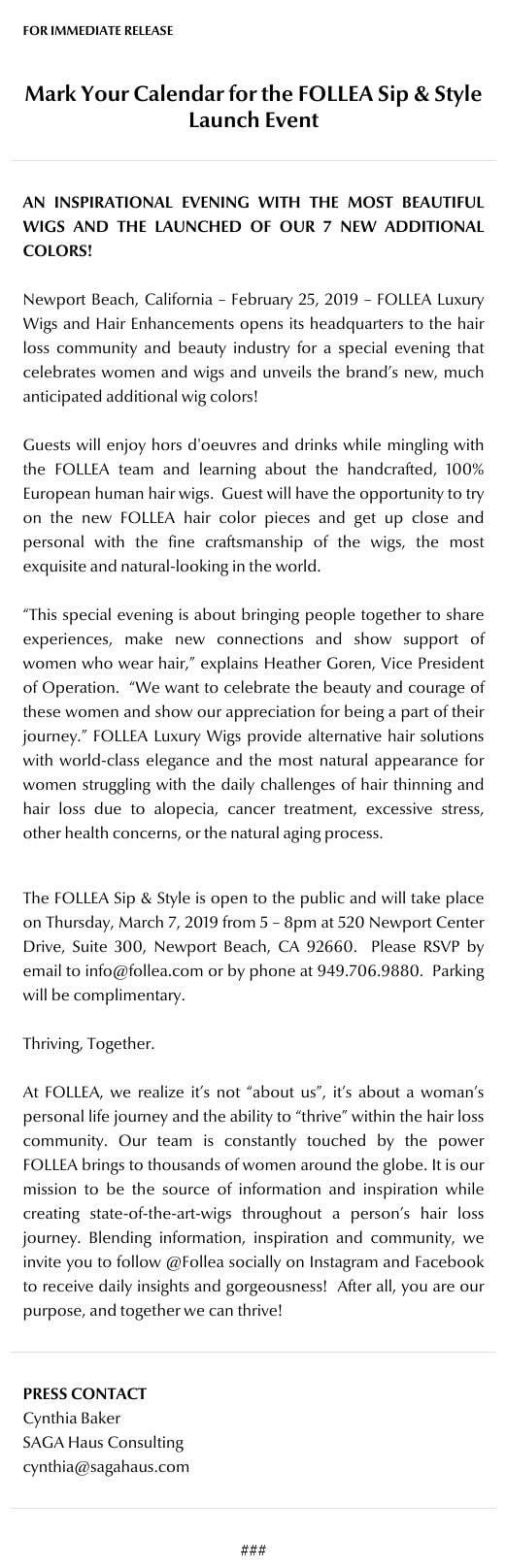 Screenshot of press release highlighting details about a FOLLEA Sip & Style event between the Fantasia Salon and Daniel Alain on Fox News