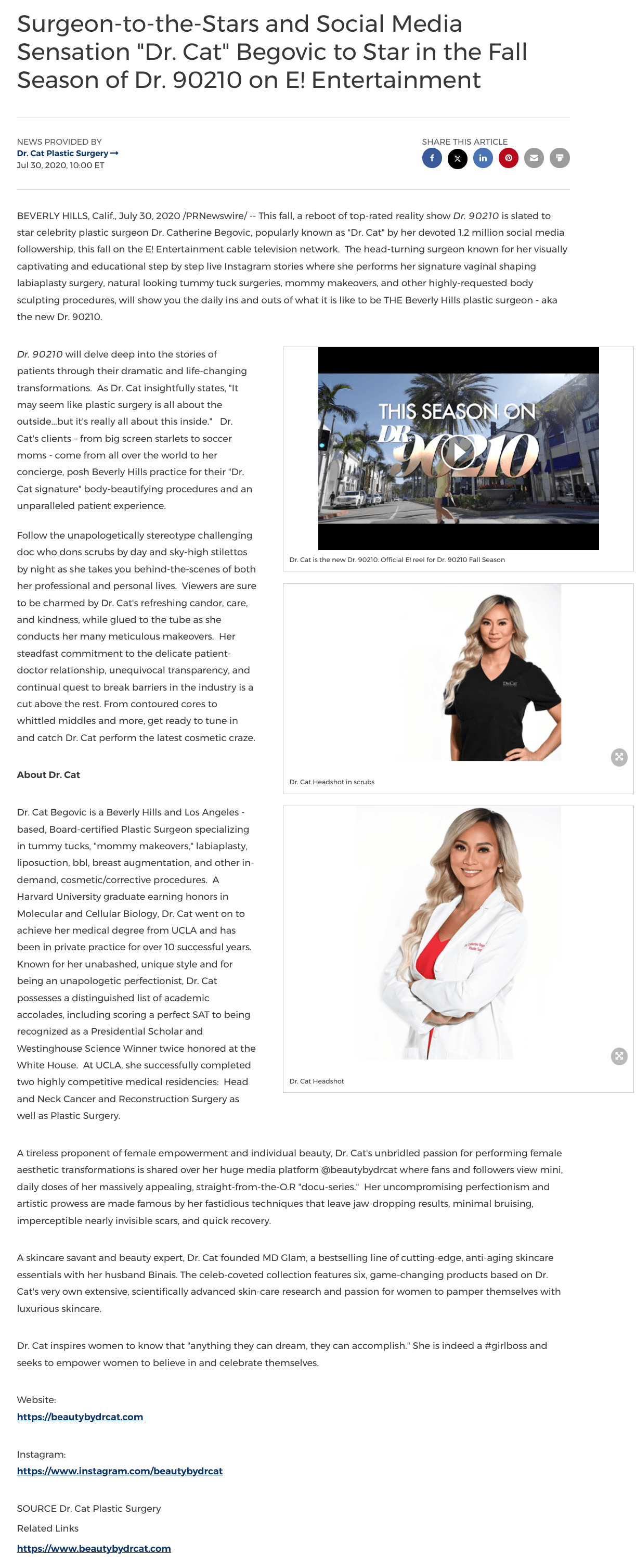 Screenshot of a press release announcing Dr. Cat Begovic's appearance in the fall season of 'Dr. 90210' on E! Entertainment
