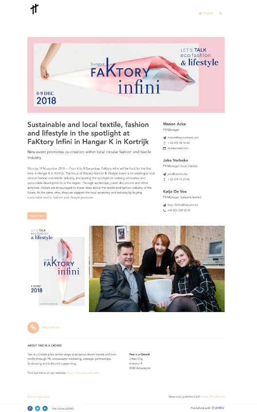 Screenshot of press release titled 'Sustainable and Local Textile Fashion and Lifestyle in the Spotlight at Faktory Infini in Hangar K in Kortrijk,' highlighting details about a sustainable fashion event