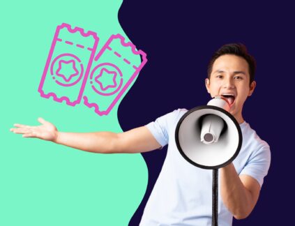 Excited man yelling into megaphone with arm out in presentational manner over graphic of two tickets