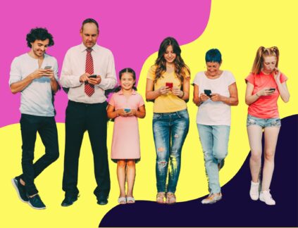 group of people of various ages looking at their phones to represent generational marketing in front of colorful swirling background