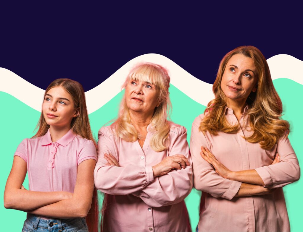 three women of different ages with arms crossed looking to the left for Lyon content post about Generational marketing
