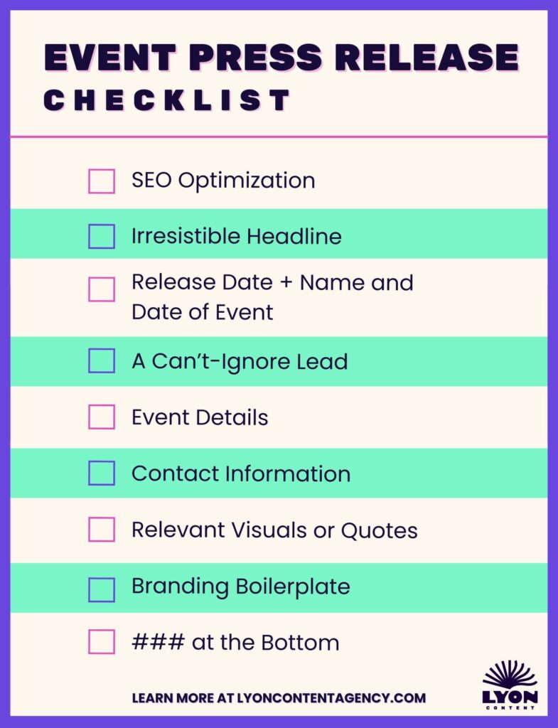 Lyon Content infographic checklist on how to write a press release for an event