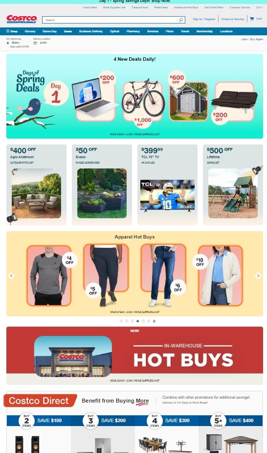 Screenshot of Costco homepage with clear, straightforward messages, crisp images and contrast, user-friendly navigation, and other generational marketing characteristics that appeal to Baby Boomers