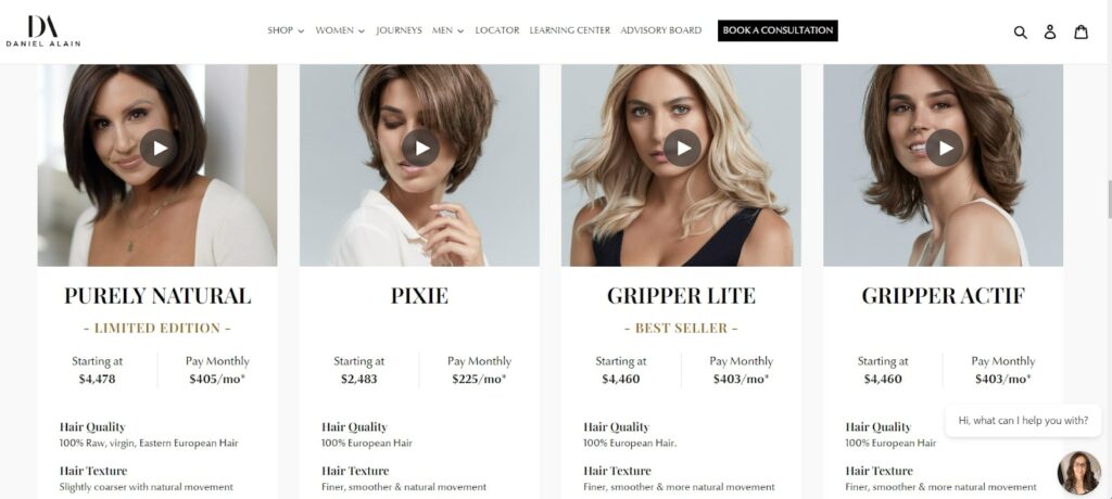 Daniel Alain luxury wigs product page screenshot as example of commercial and transactional search intent