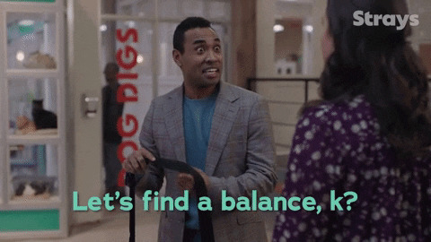 Still frame from gif of Liam Strays from the Canadian “Strays” sitcom saying, “Let’s find a balance, k?”