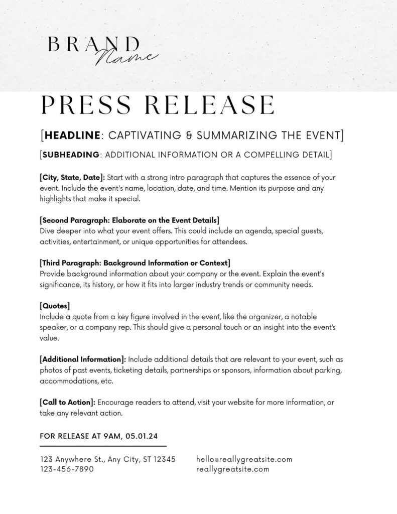 Open event press release template from Canva