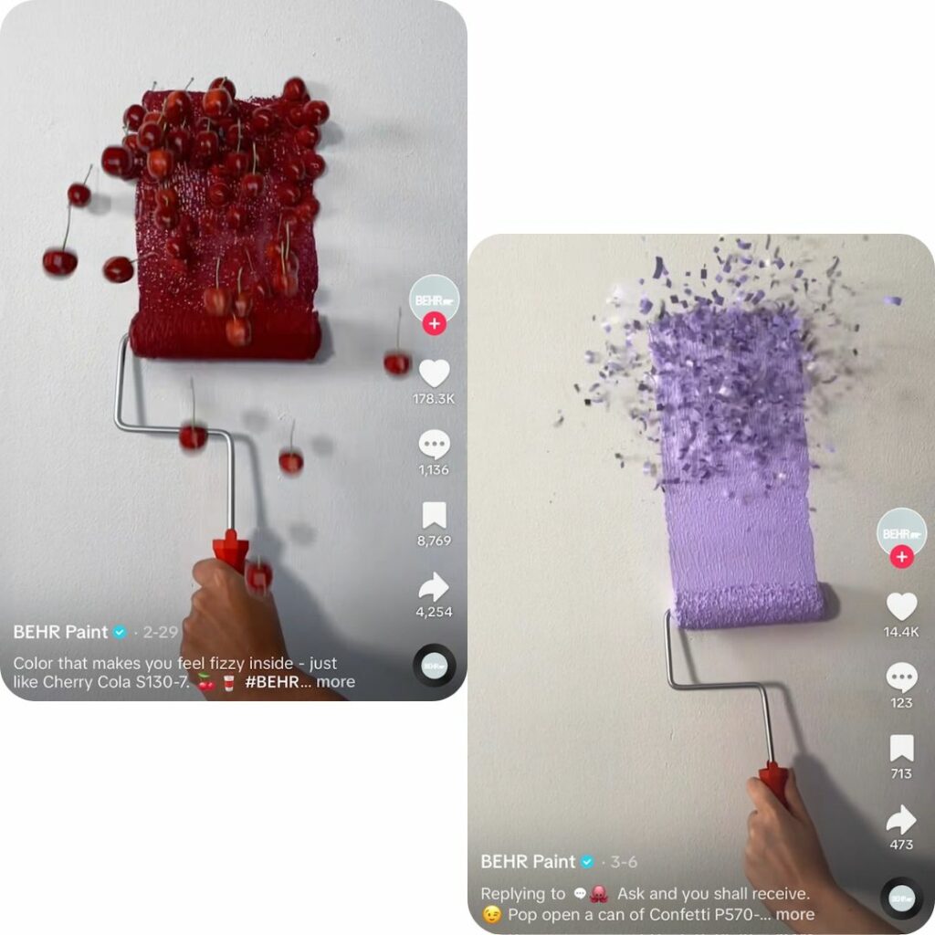 Screenshot of Behr Paint’s TikTok campaign that shows items of similar colors flying out of paint swatches