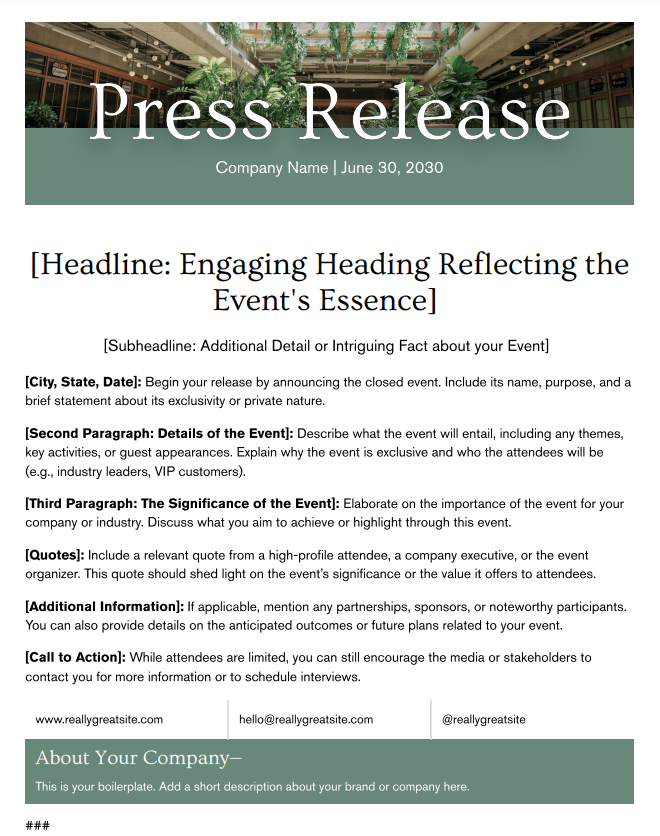 Closed event press release template from Canva