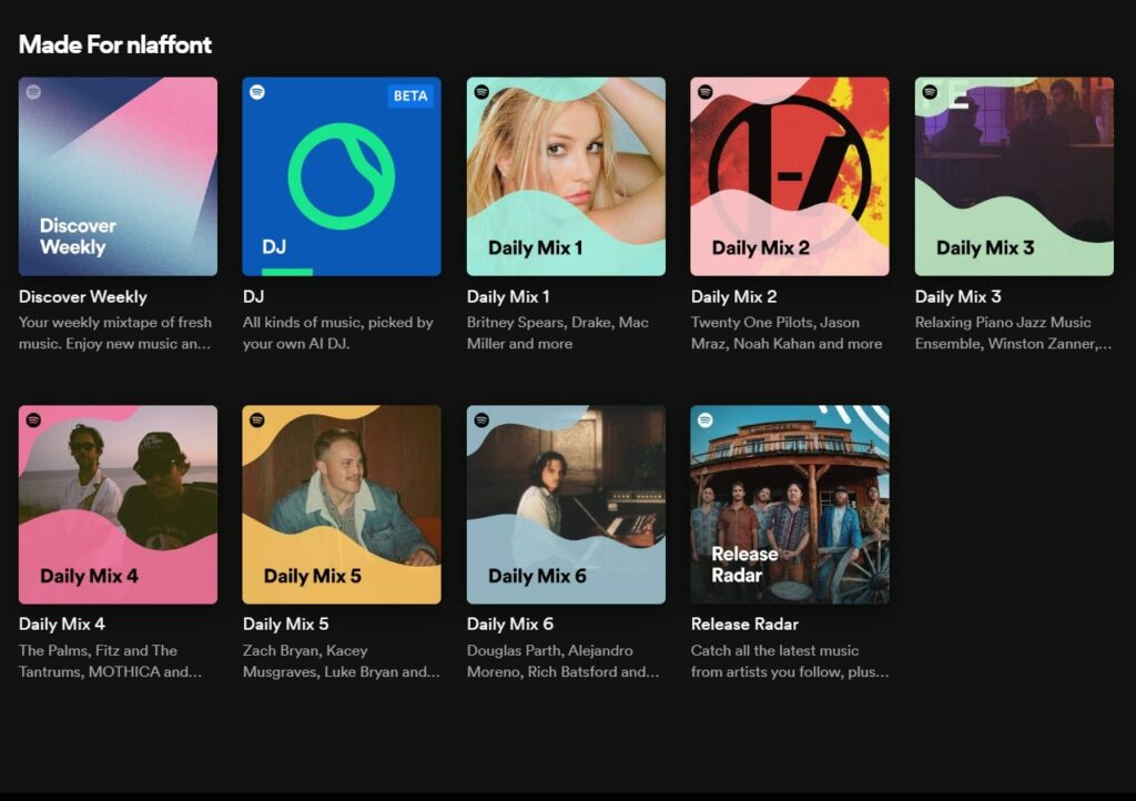 Screenshot of my personal Spotify’s Made For You page displaying several customized playlists