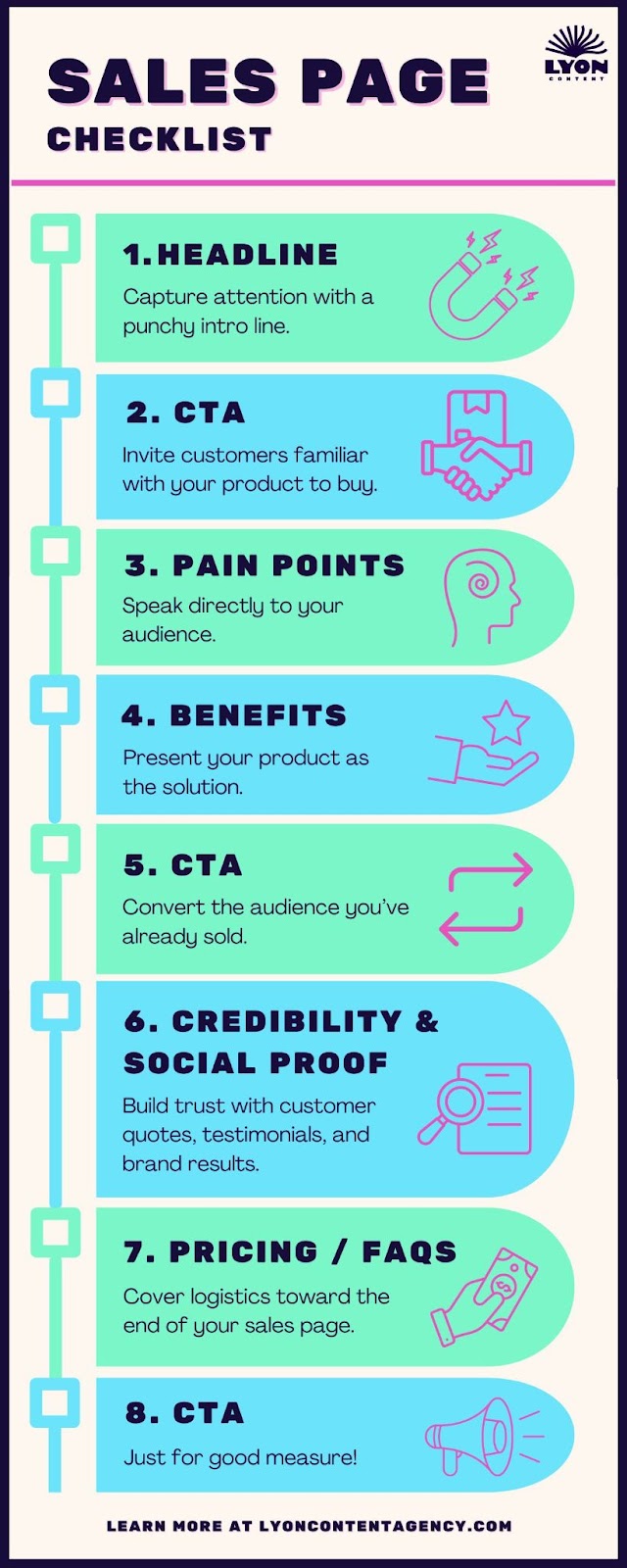 Lyon Content infographic with a checklist of the 8 components for a good sales page