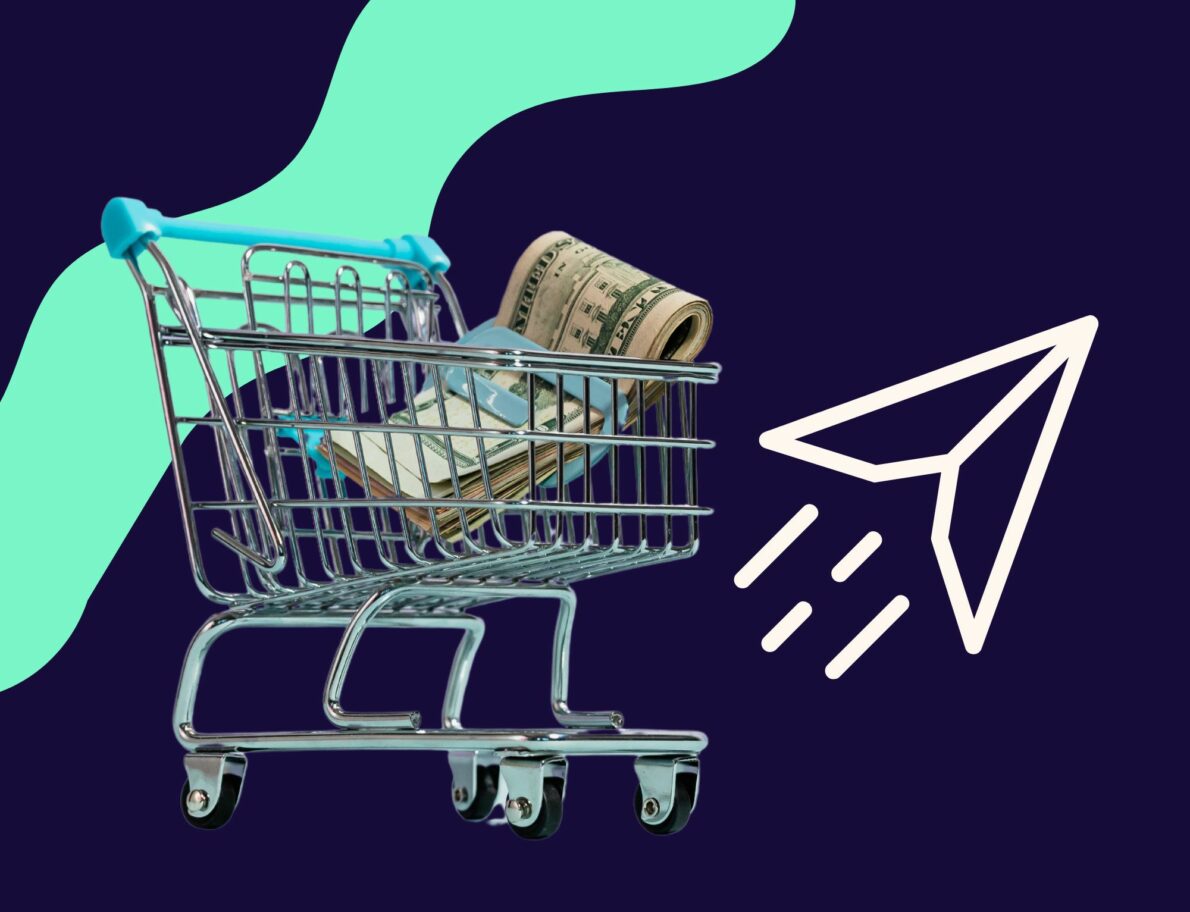 Shopping cart with wad of cash inside it beside send arrow in motion for Lyon Content post about abandoned cart emails