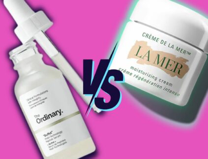 "Buffet" face serum next to Creme de la Mer moisturizer with pink background for post about La Mer vs The Ordinary marketing strategy